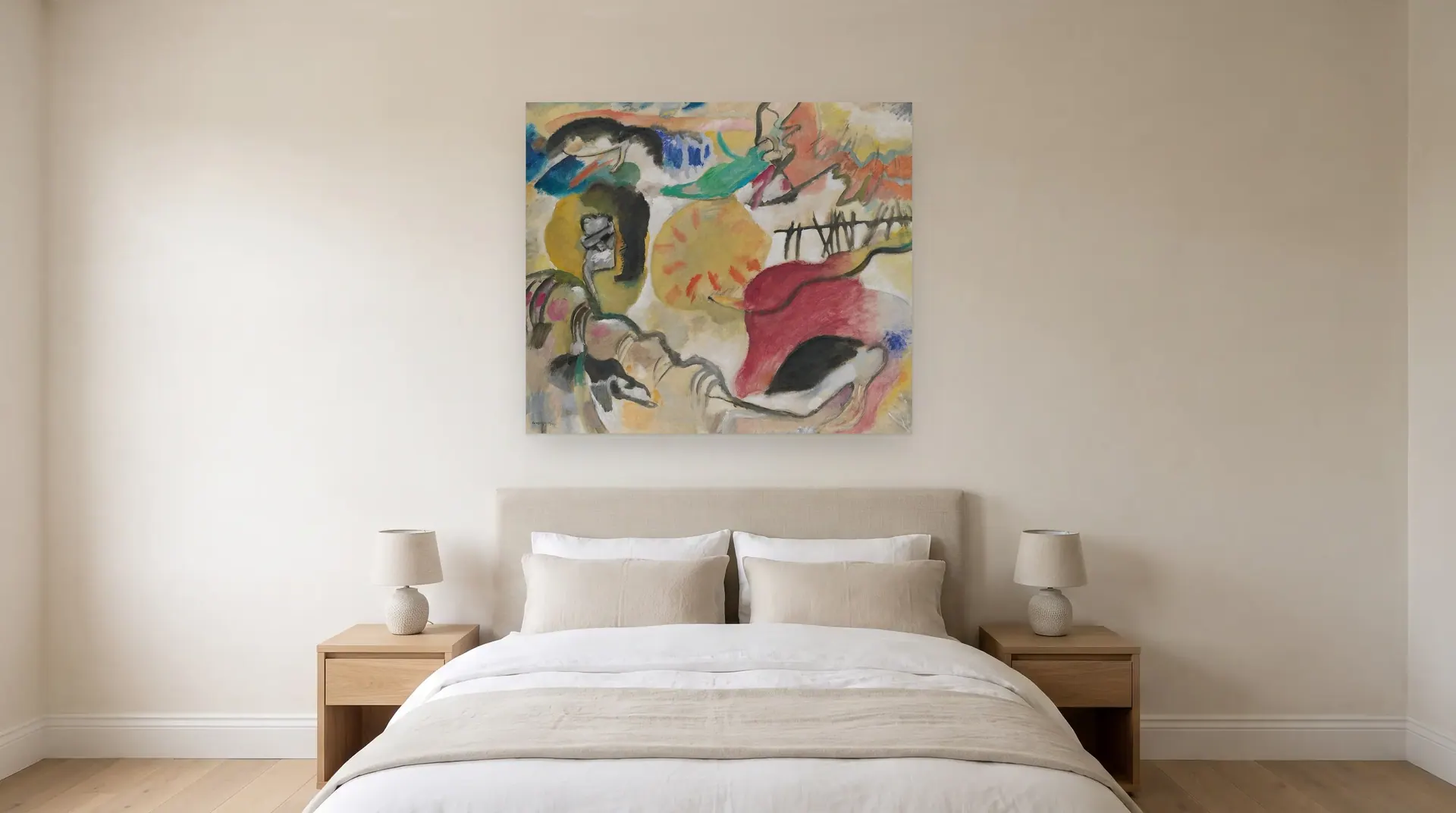 Improvisation 27 (Garden of Love II) by Wassily Kandinsky shown at its true size, 55" × 47½", over a queen bed