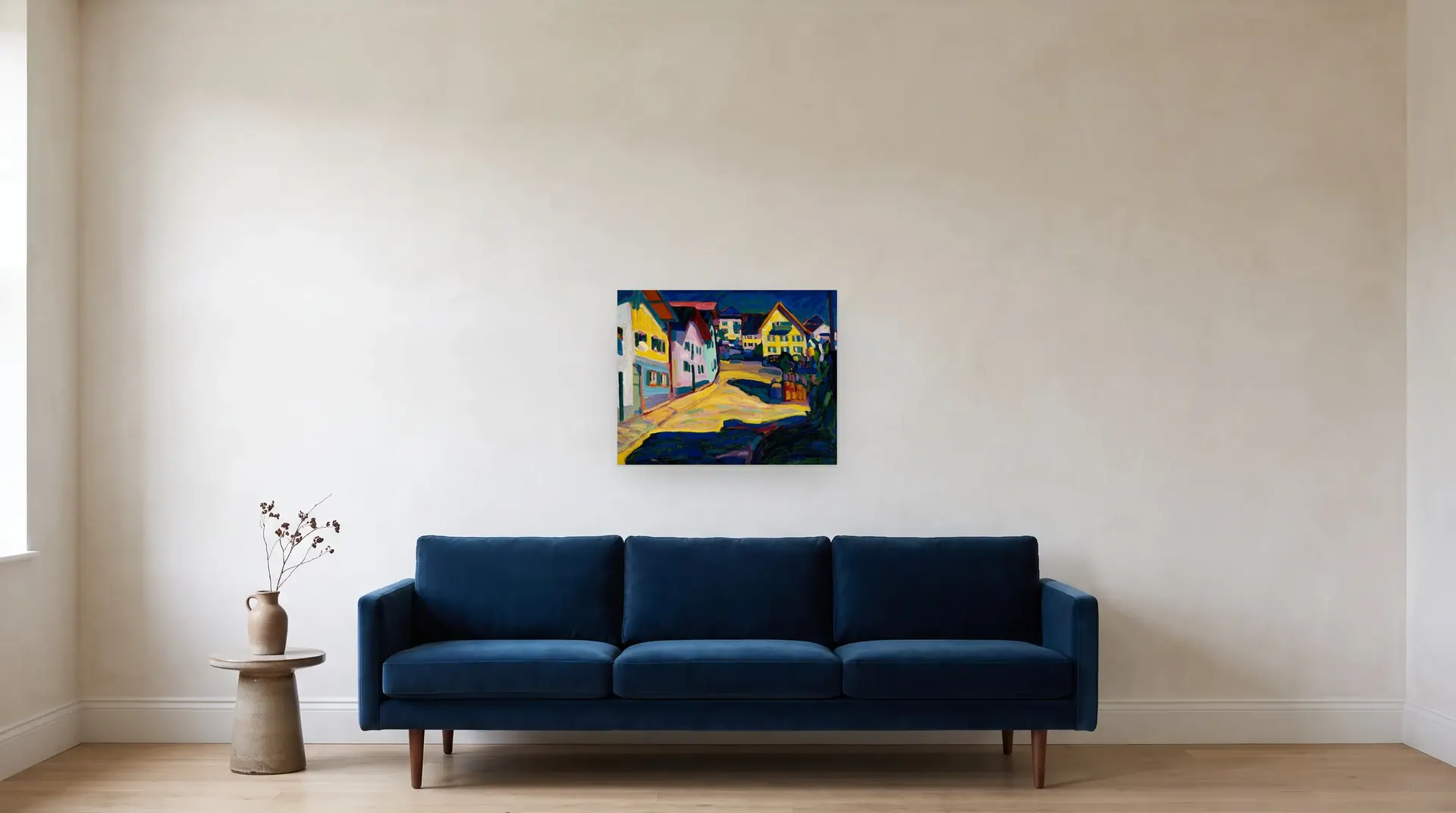 Murnau, Burggrabenstrasse 1, 1908 by Wassily Kandinsky shown at its true size, 25" × 20", over an 84" sofa