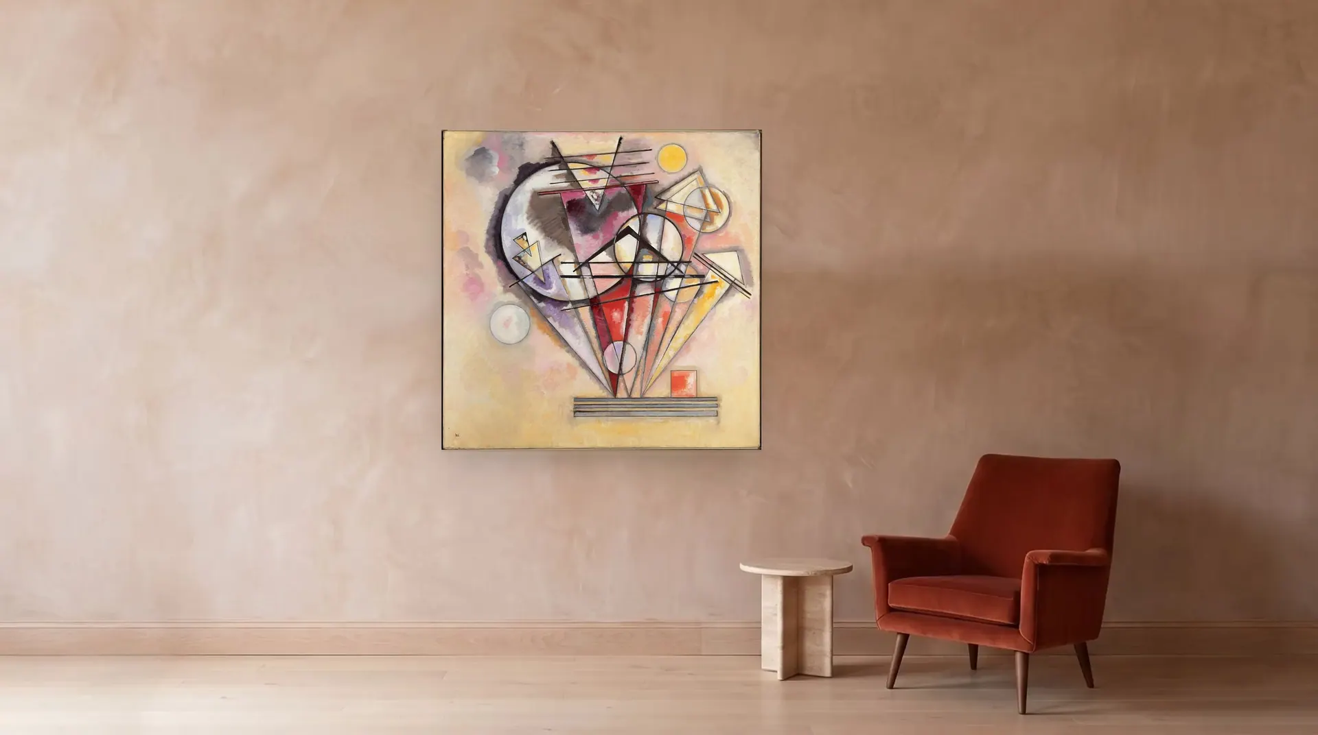 On the Points by Wassily Kandinsky shown at its true size, 55" × 55", beside an armchair