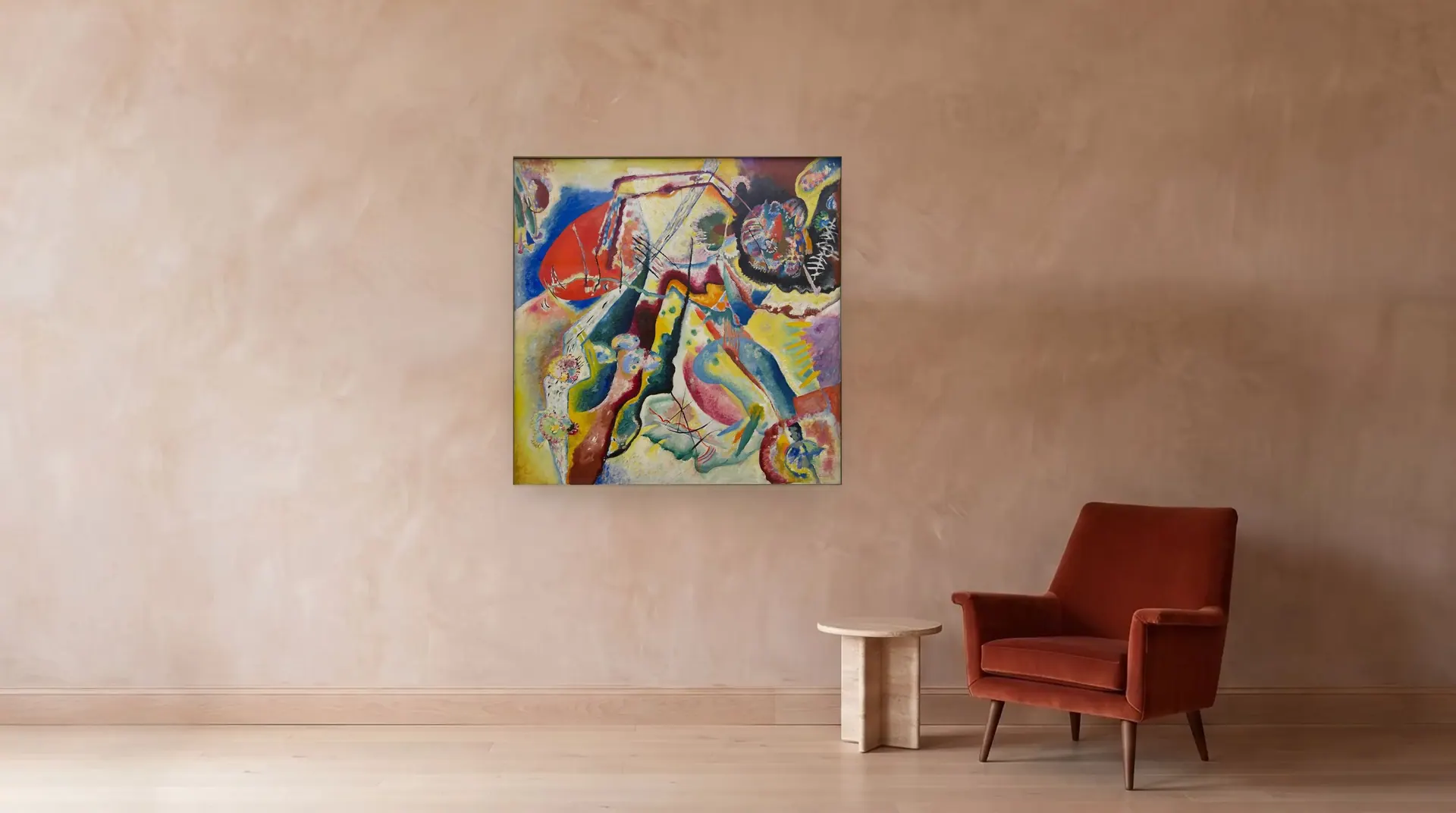 Painting with a Red Stain by Wassily Kandinsky shown at its true size, 51" × 51", beside an armchair