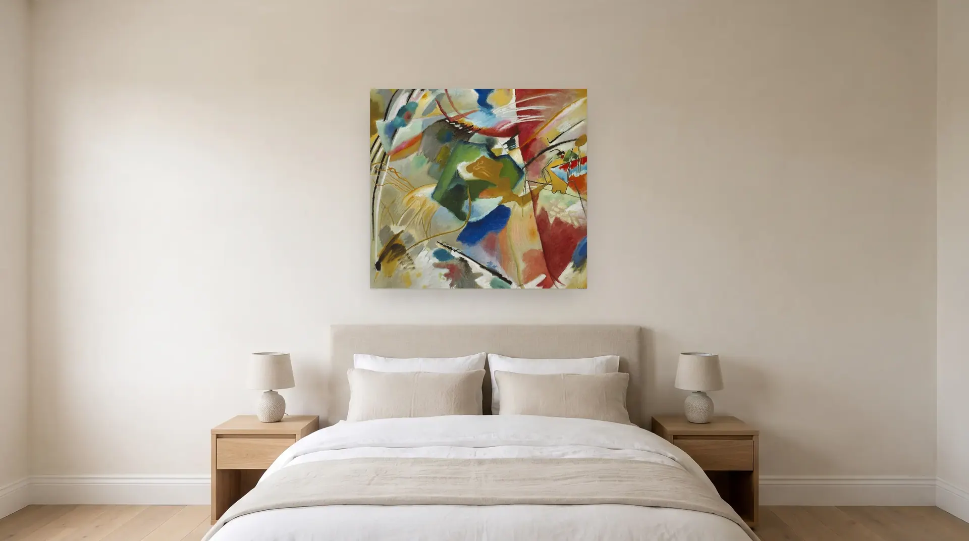 Painting with Green Center by Wassily Kandinsky shown at its true size, 46½" × 43", over a queen bed