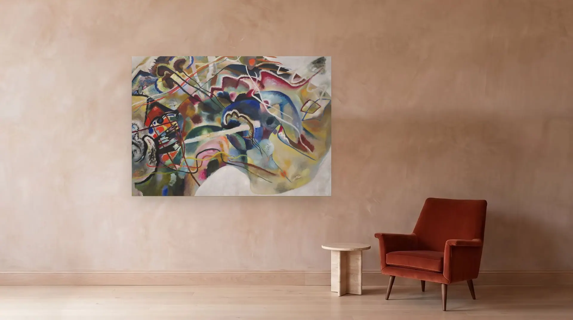Painting with White Border by Wassily Kandinsky shown at its true size, 79" × 55", beside an armchair
