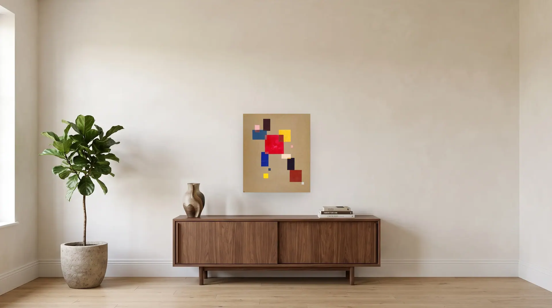 Thirteen Rectangles by Wassily Kandinsky shown at its true size, 23½" × 27½", over a 72" sideboard