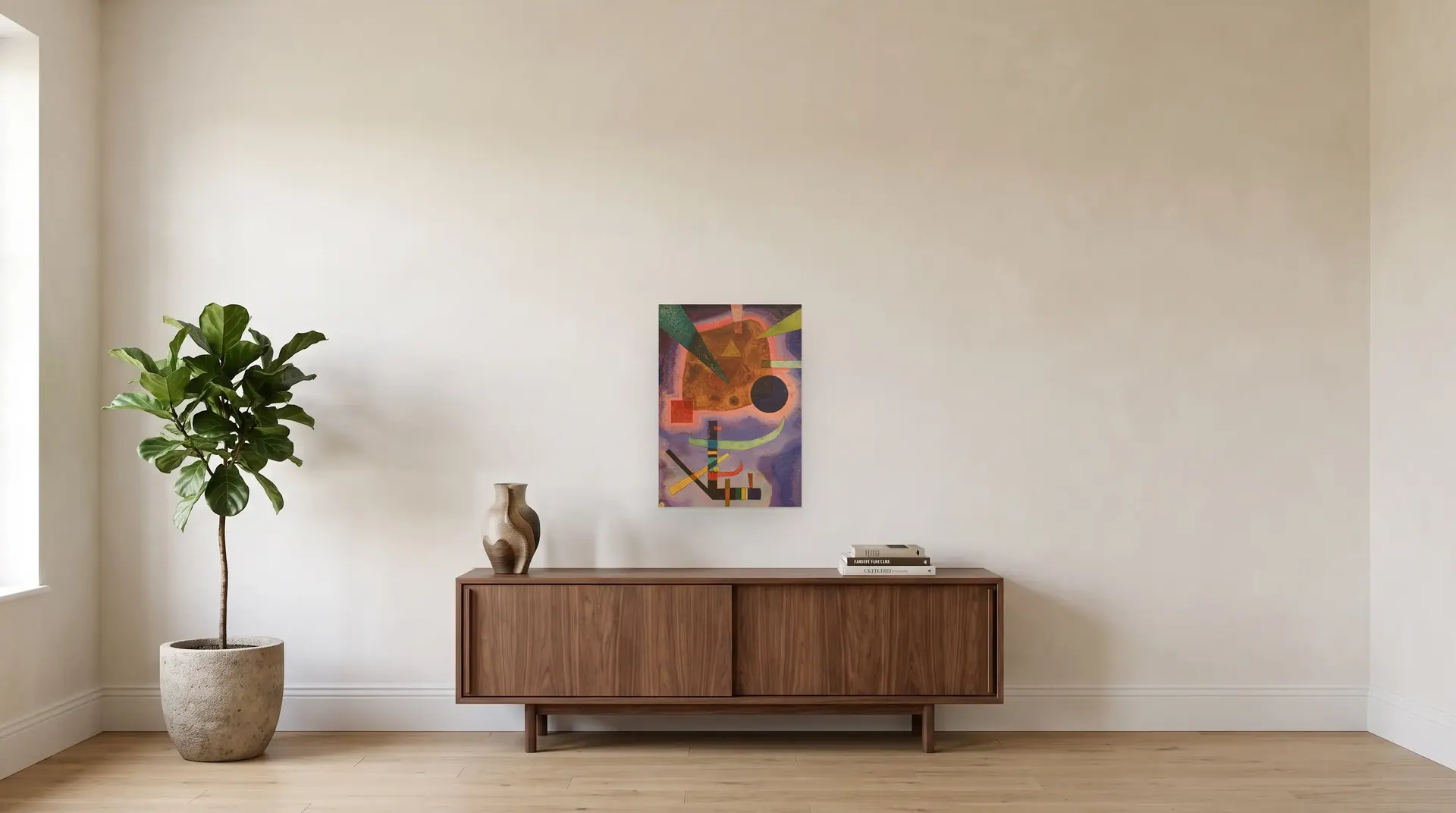 Three Elements by Wassily Kandinsky shown at its true size, 19" × 27", over a 72" sideboard
