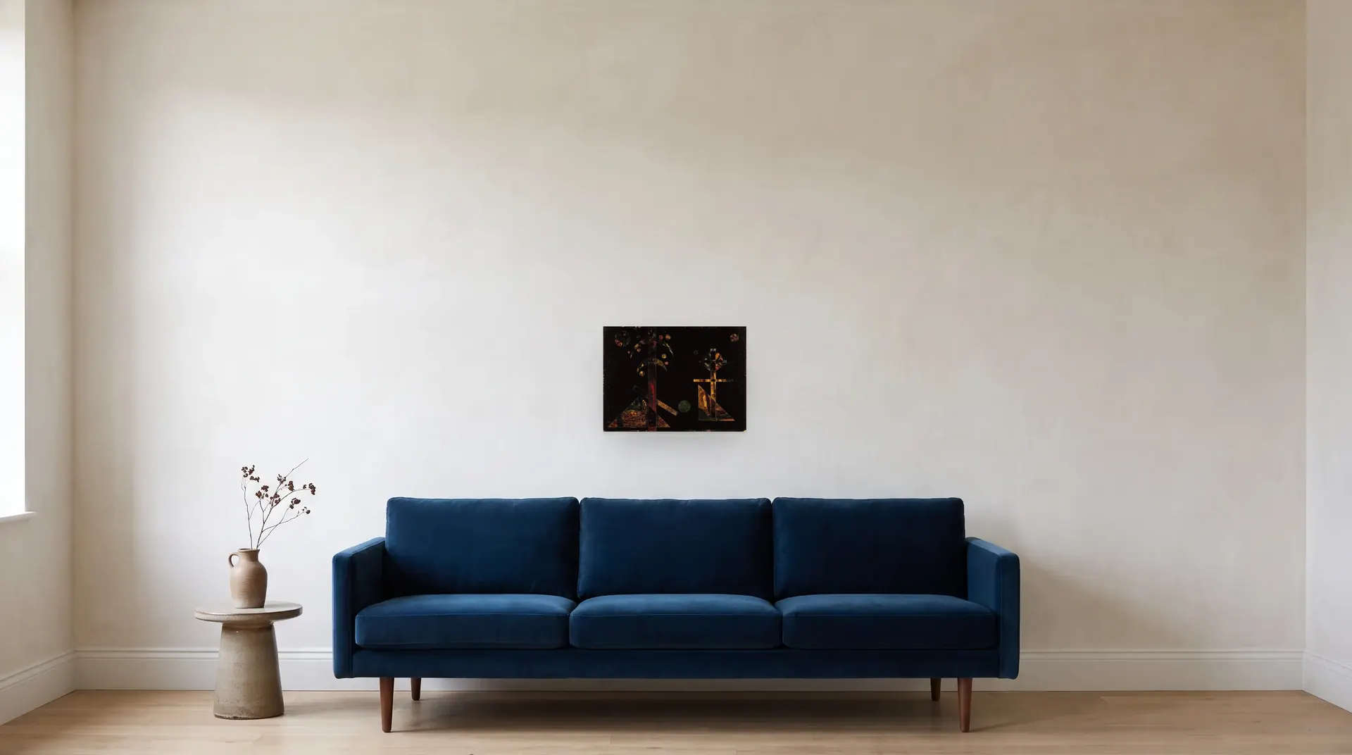 To Nina for Christmas by Wassily Kandinsky shown at its true size, 17½" × 13", over an 84" sofa