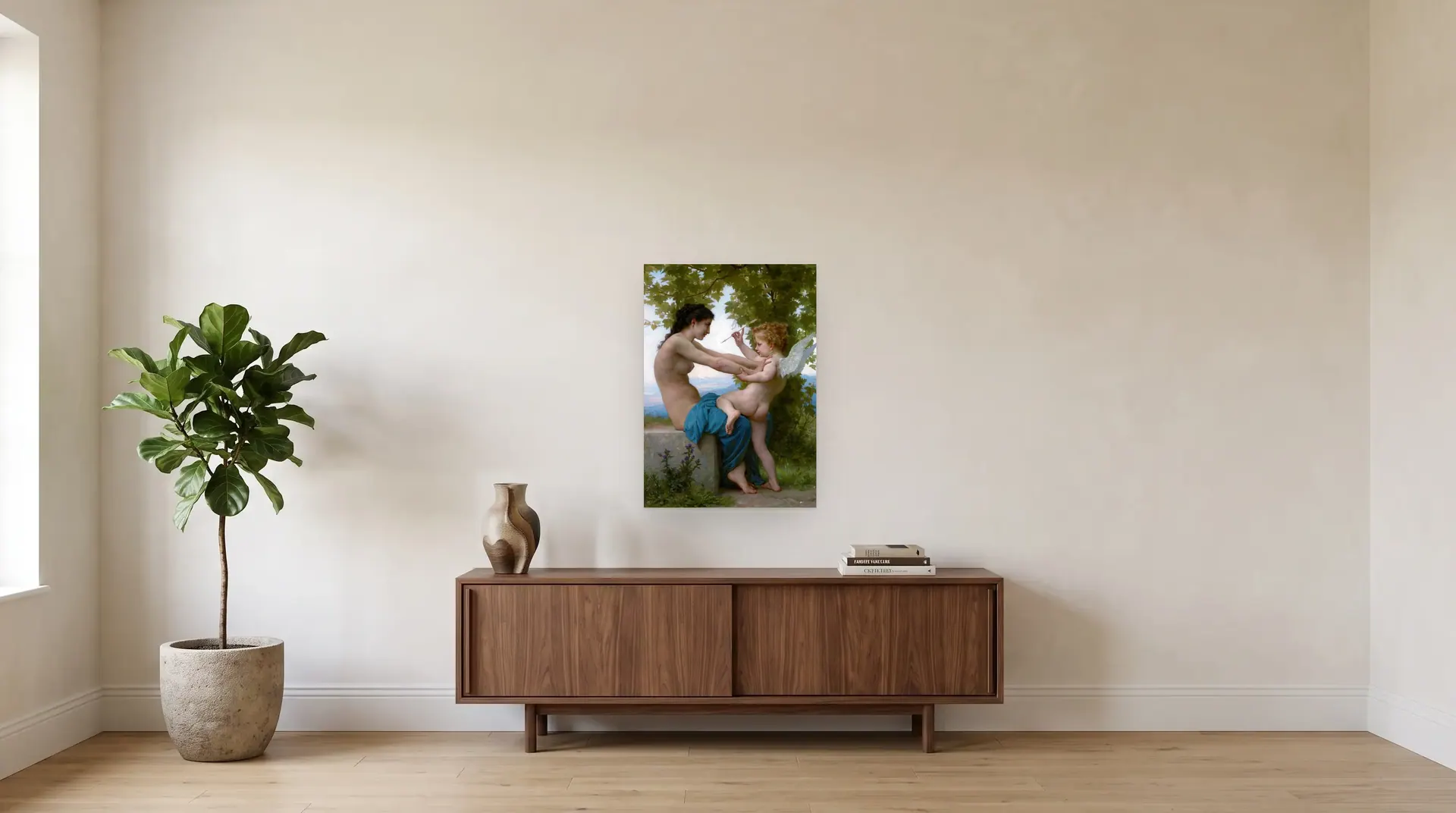 A Young Girl Defending Herself against Eros by William-Adolphe Bouguereau shown at its true size, 23" × 32", over a 72" sideboard