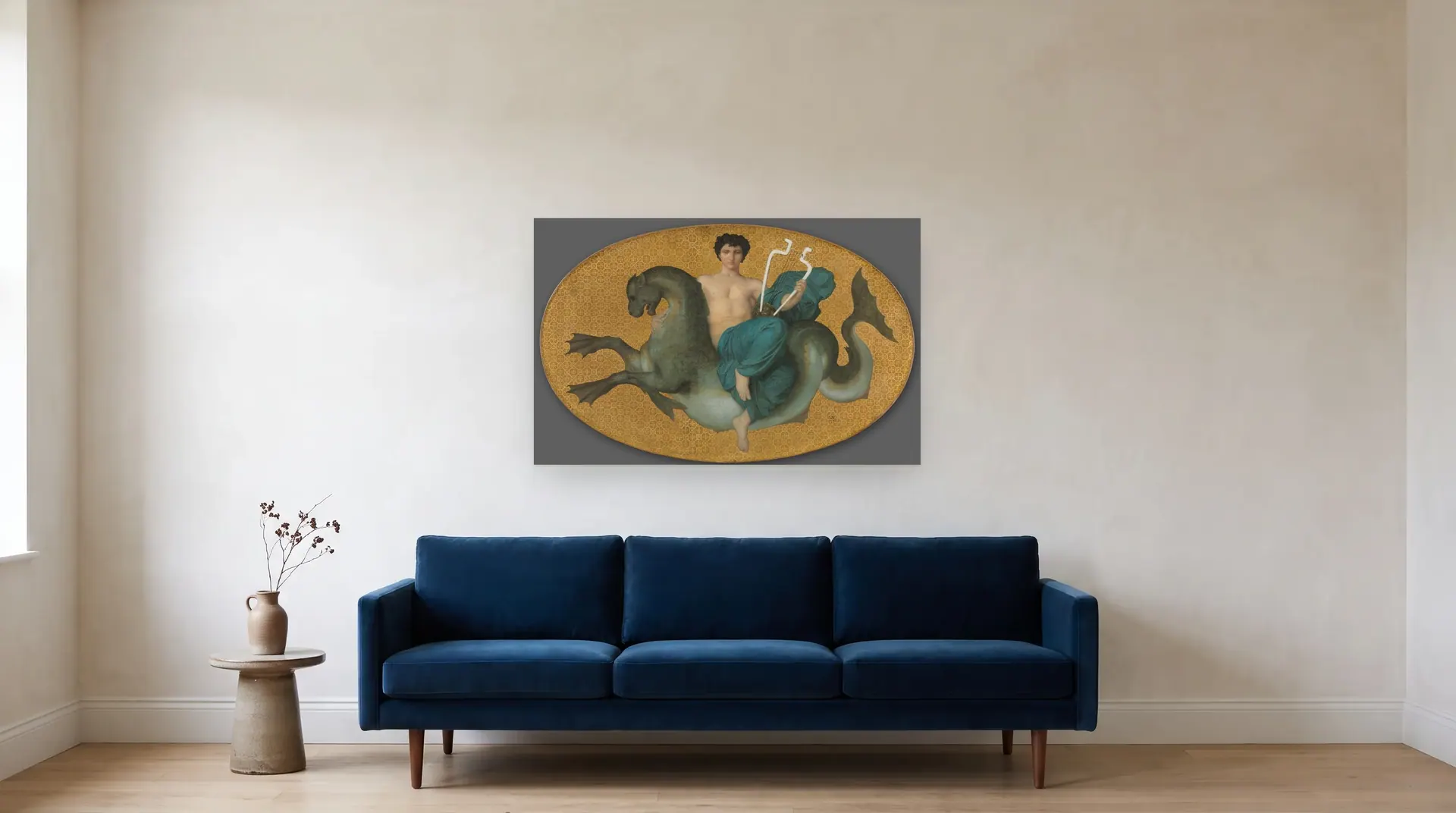 Arion on a Sea Horse by William-Adolphe Bouguereau shown at its true size, 44" × 28", over an 84" sofa