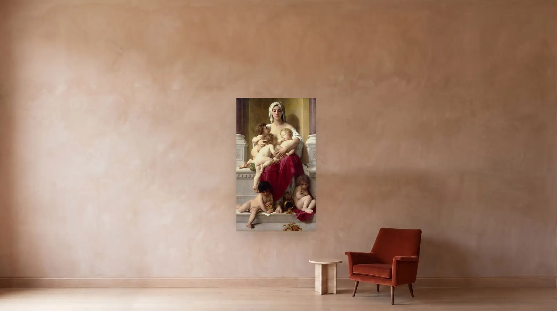 Charity by William-Adolphe Bouguereau shown at its true size, 46" × 77", beside an armchair