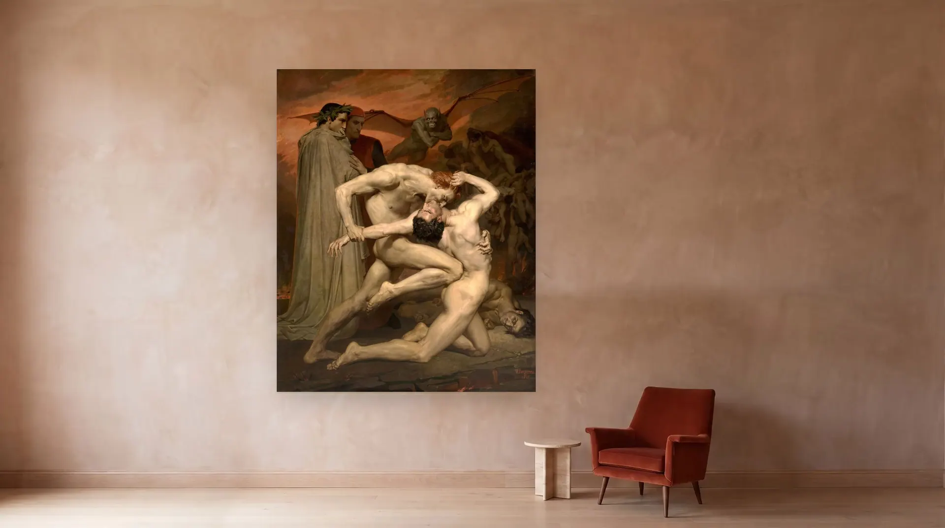 Dante and Virgil in Hell by William-Adolphe Bouguereau shown at its true size, 88½" × 110½", beside an armchair
