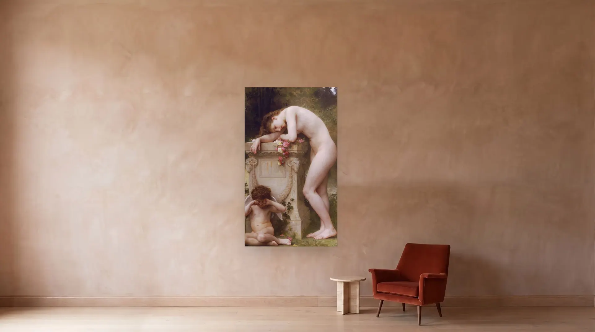 Elegy by William-Adolphe Bouguereau shown at its true size, 50½" × 86½", beside an armchair