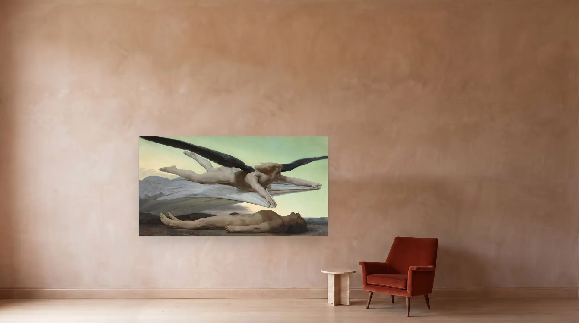 Equality Before Death by William-Adolphe Bouguereau shown at its true size, 106" × 55½", beside an armchair