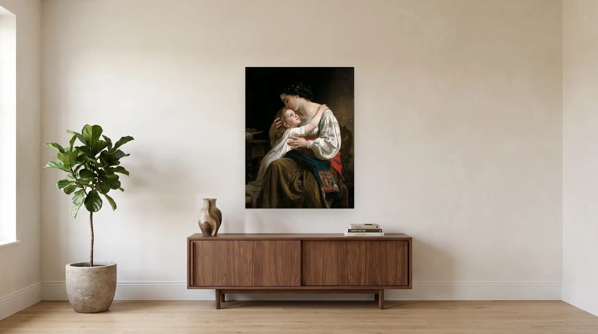 Le lever by William-Adolphe Bouguereau shown at its true size, 35" × 45½", over a 72" sideboard