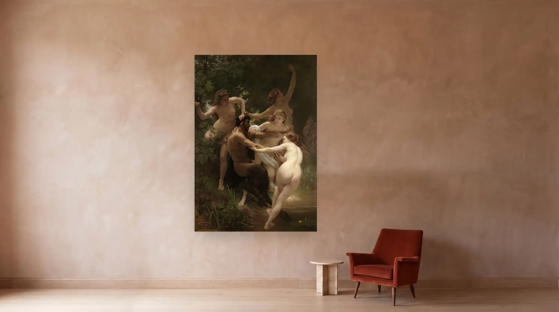 Nymphs and Satyr by William-Adolphe Bouguereau shown at its true size, 71" × 102½", beside an armchair
