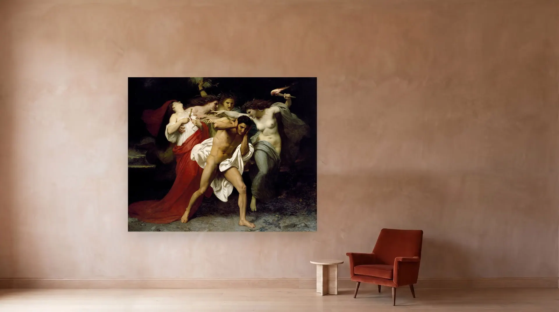 Orestes Pursued by the Furies by William-Adolphe Bouguereau shown at its true size, 109½" × 89½", beside an armchair