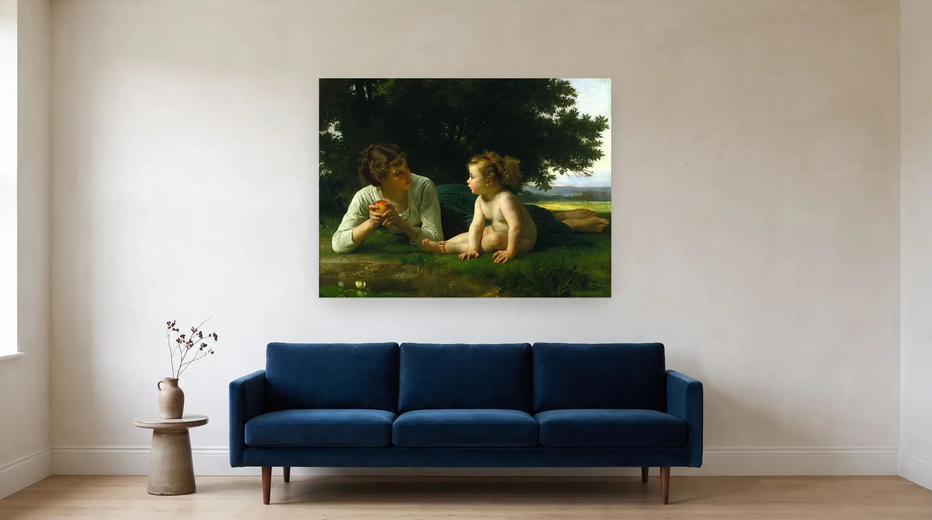 Temptation by William-Adolphe Bouguereau shown at its true size, 52" × 39", over an 84" sofa