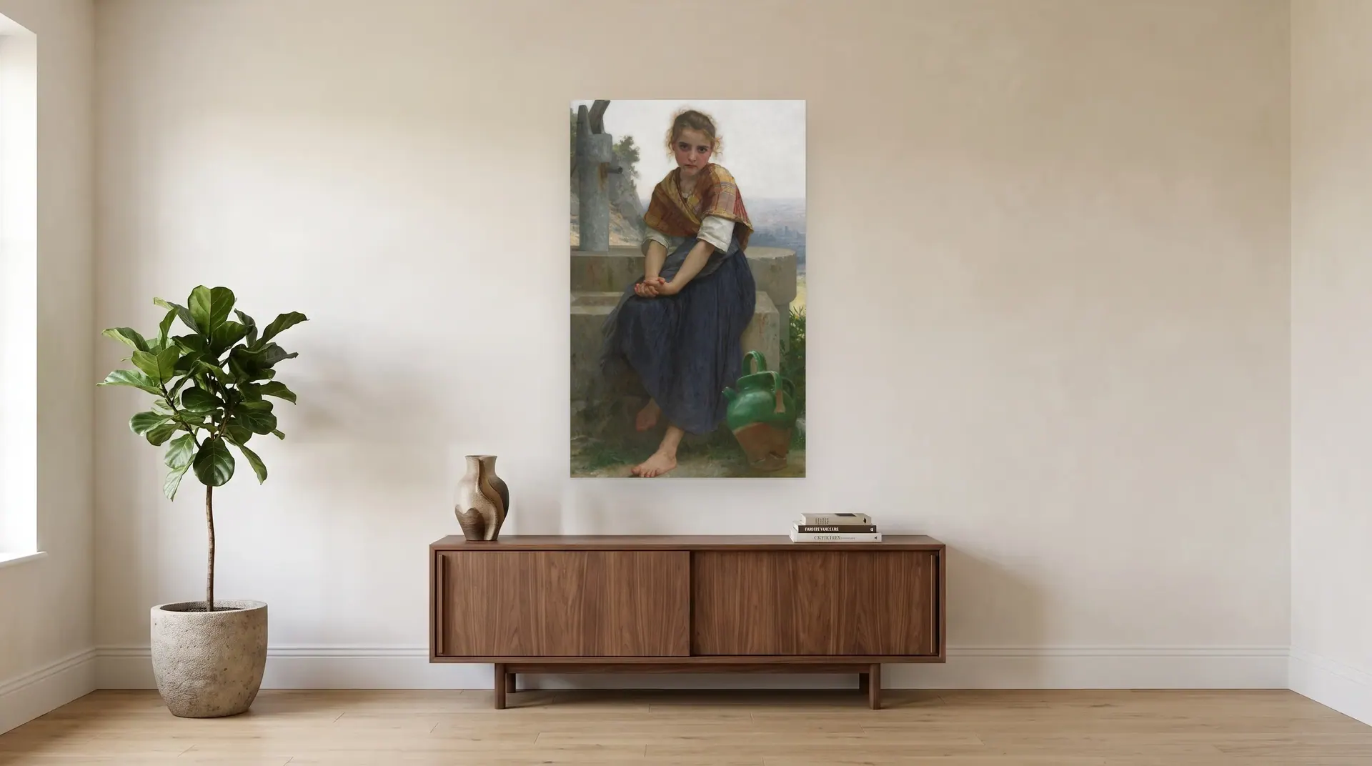 The Broken Pitcher by William-Adolphe Bouguereau shown at its true size, 33" × 53", over a 72" sideboard