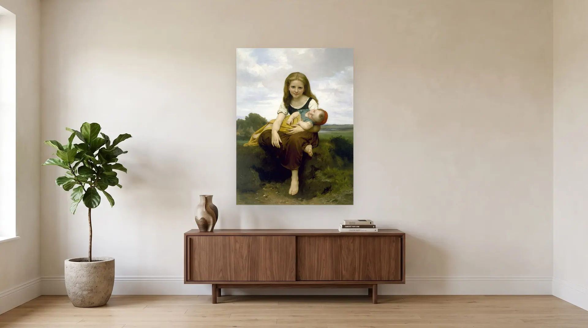 The Elder Sister by William-Adolphe Bouguereau shown at its true size, 38½" × 51½", over a 72" sideboard