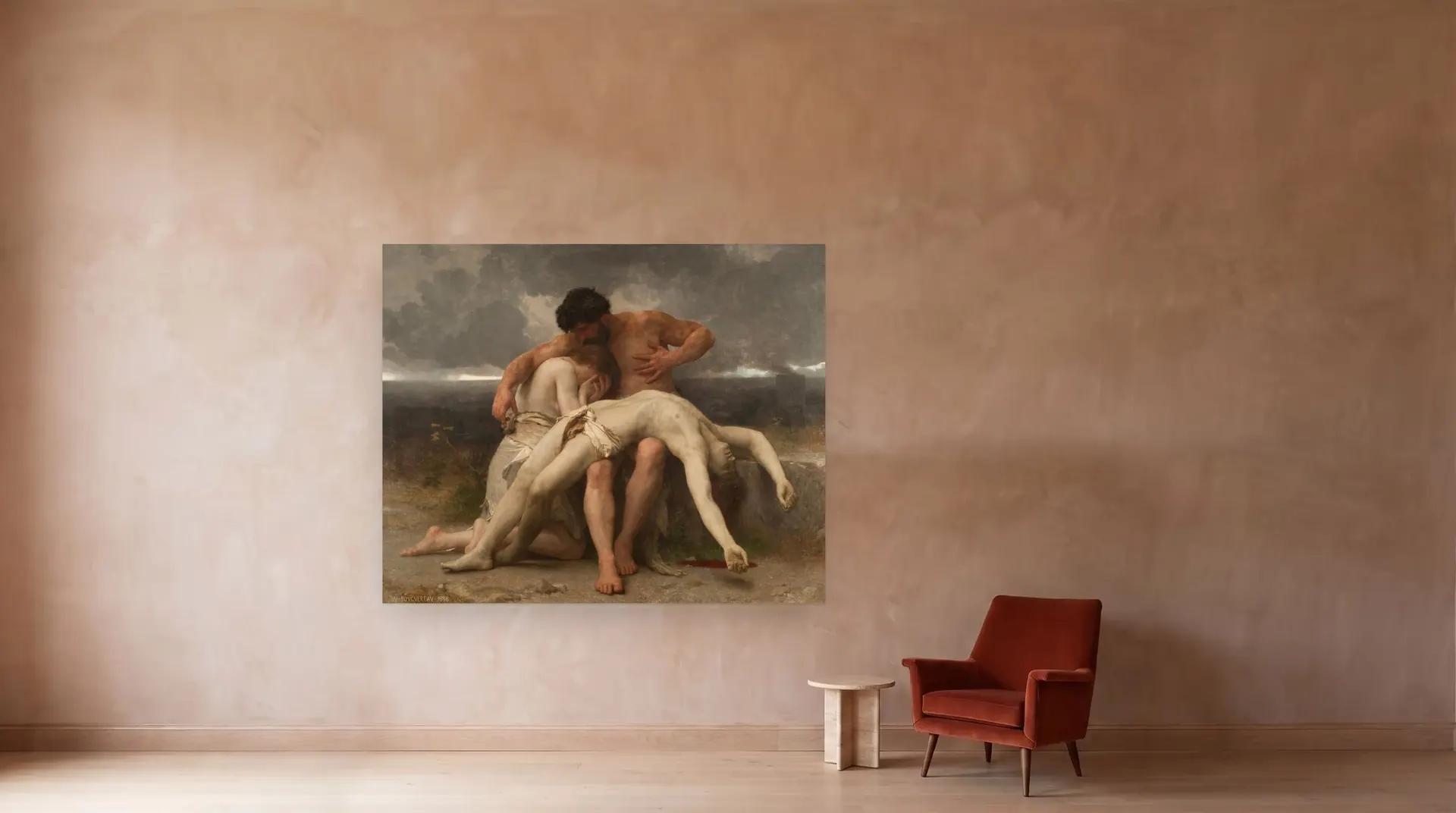 The First Mourning by William-Adolphe Bouguereau shown at its true size, 98½" × 80", beside an armchair