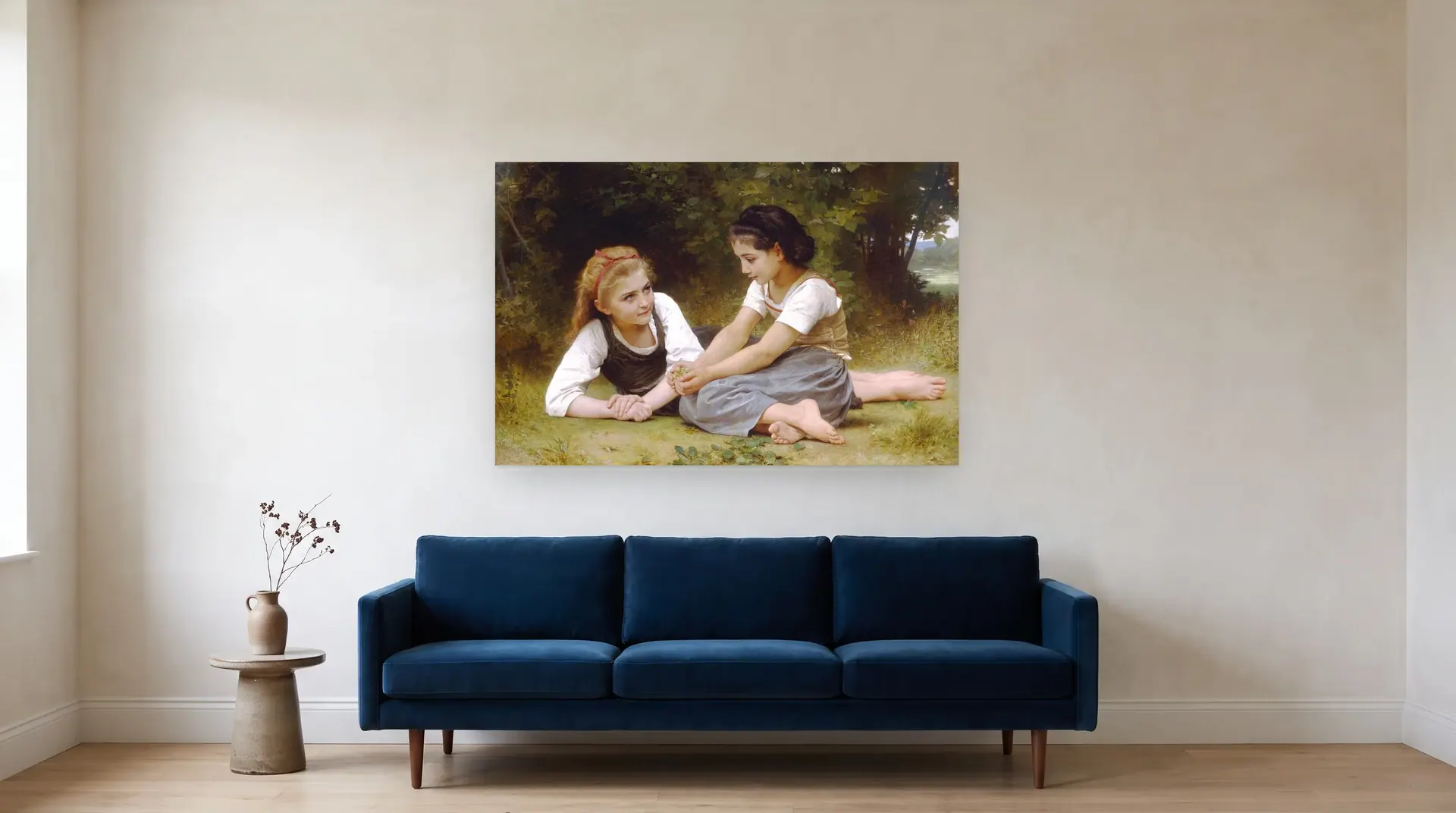 The Nut Gatherers by William-Adolphe Bouguereau shown at its true size, 53" × 34½", over an 84" sofa