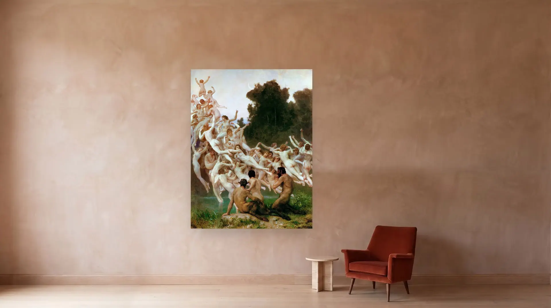 The Oreads by William-Adolphe Bouguereau shown at its true size, 71½" × 93½", beside an armchair