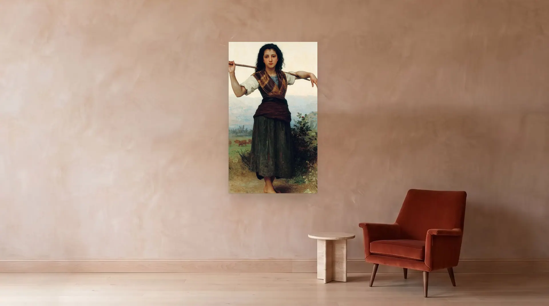 The Shepherdess by William-Adolphe Bouguereau shown at its true size, 36½" × 62½", beside an armchair