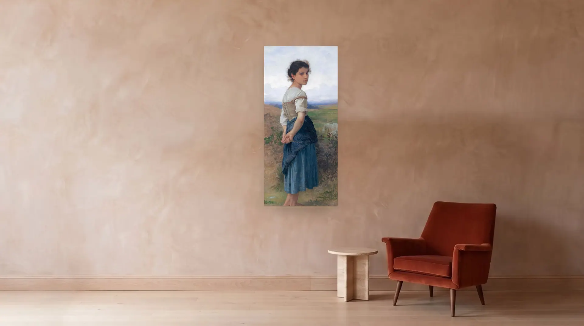 The Young Shepherdess by William-Adolphe Bouguereau shown at its true size, 28½" × 62", beside an armchair