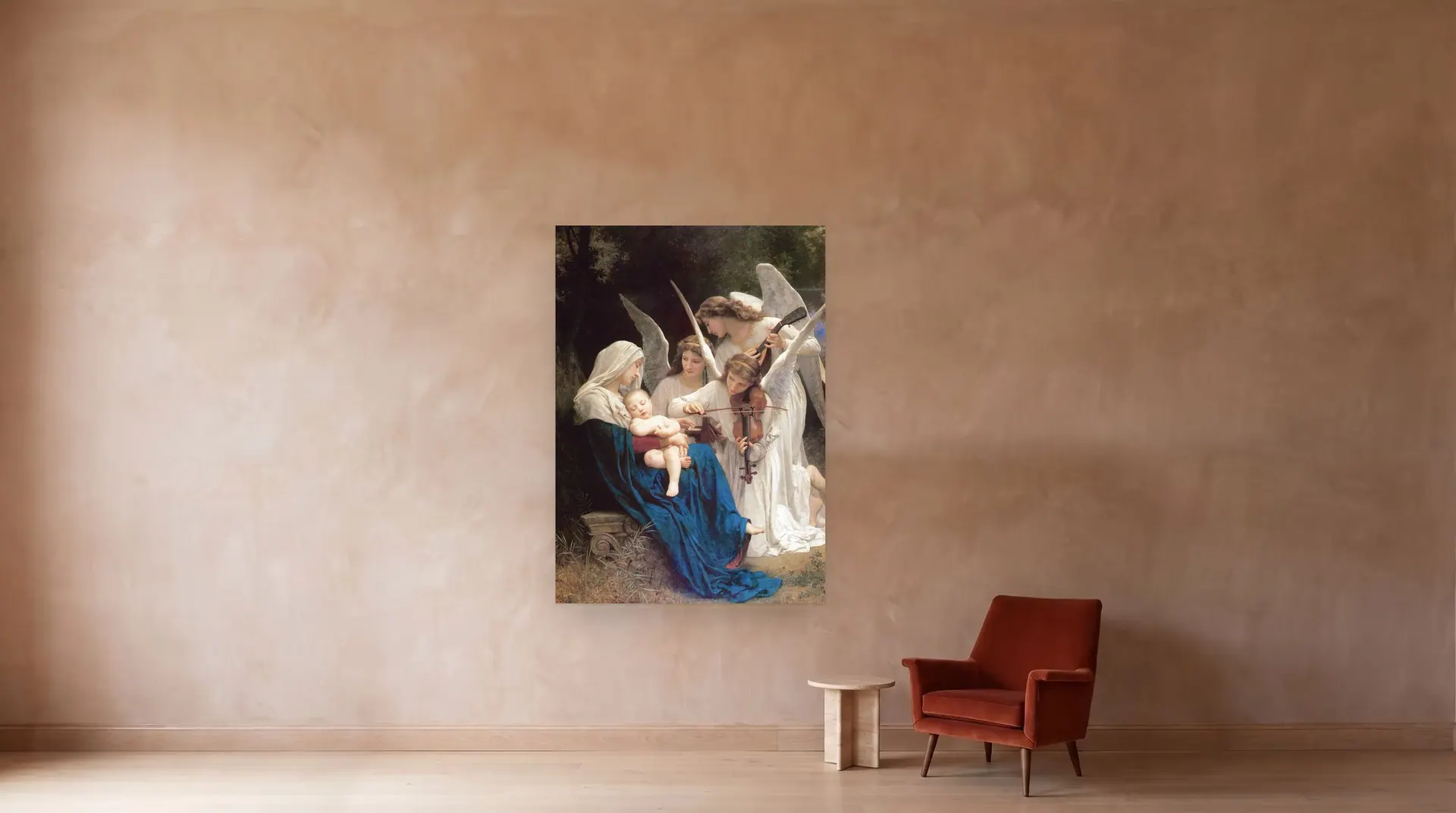 Virgin with Angels by William-Adolphe Bouguereau shown at its true size, 60" × 84", beside an armchair