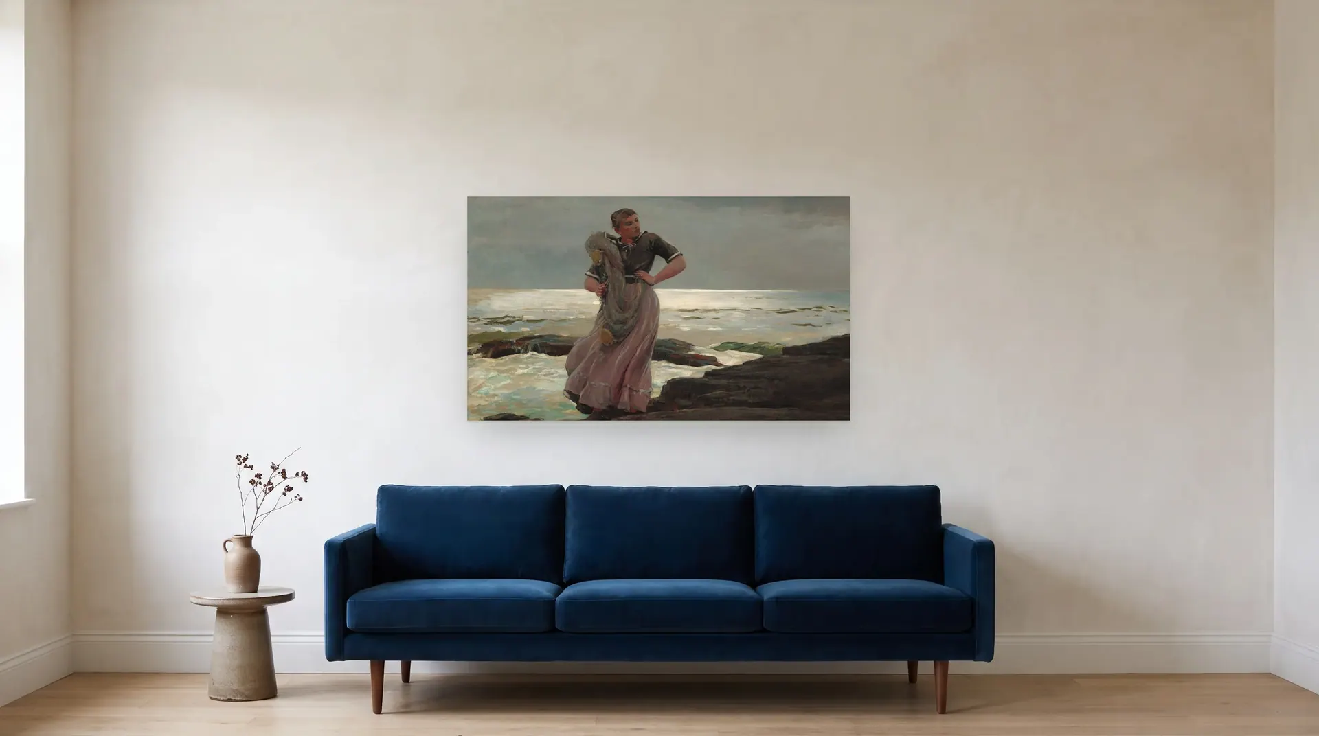 A Light on the Sea by Winslow Homer shown at its true size, 48" × 28", over an 84" sofa