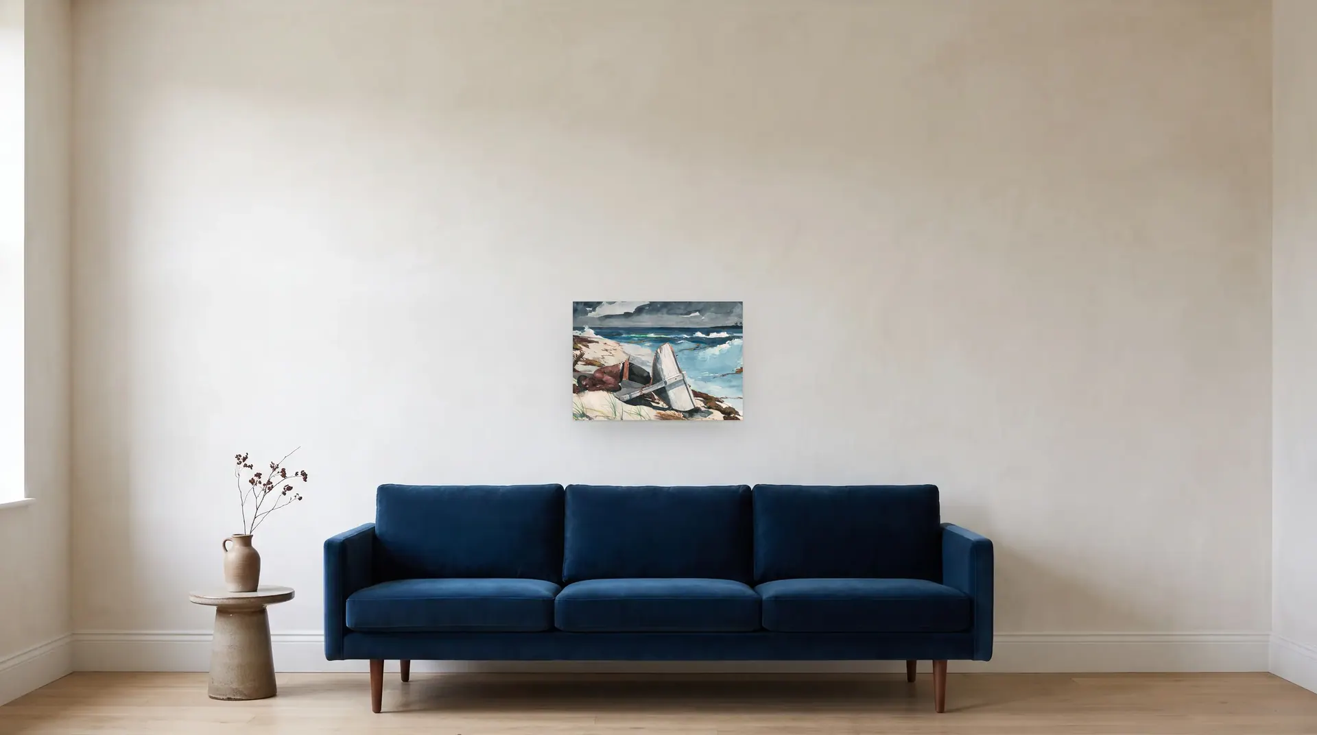 After the Hurricane, Bahamas by Winslow Homer shown at its true size, 21½" × 15", over an 84" sofa