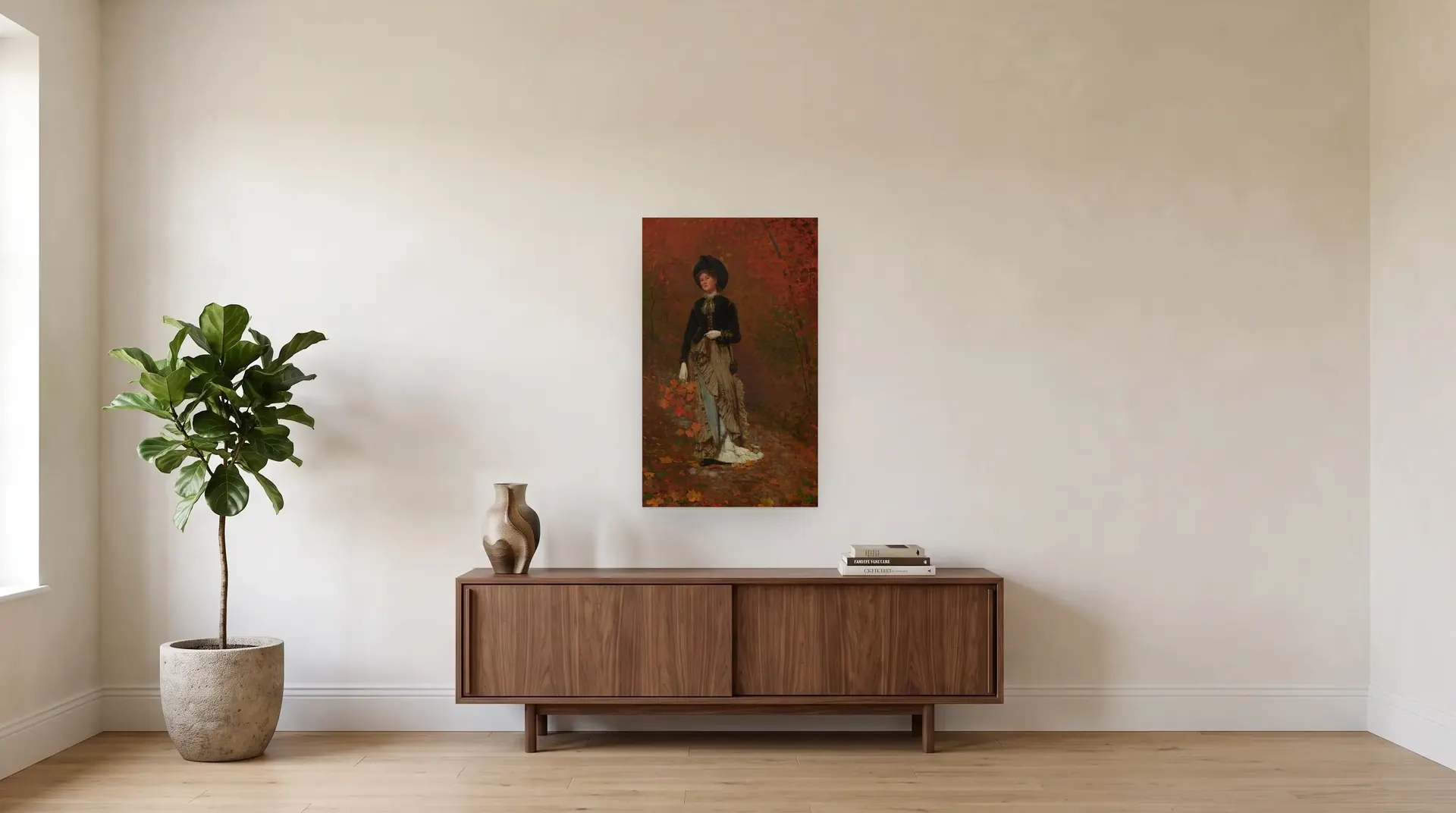 Autumn by Winslow Homer shown at its true size, 23" × 38", over a 72" sideboard