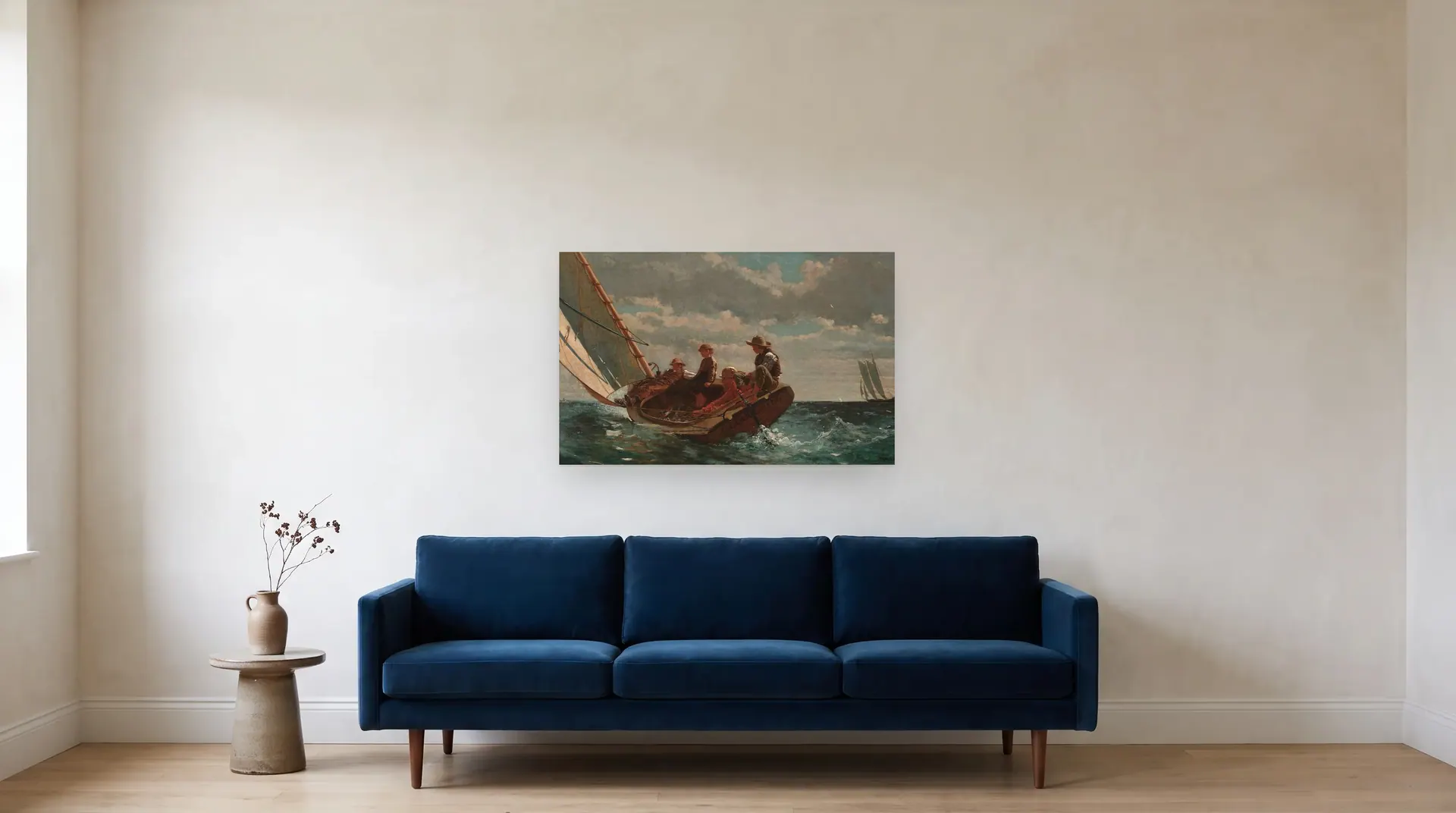 Breezing Up (A Fair Wind) by Winslow Homer shown at its true size, 38" × 24", over an 84" sofa