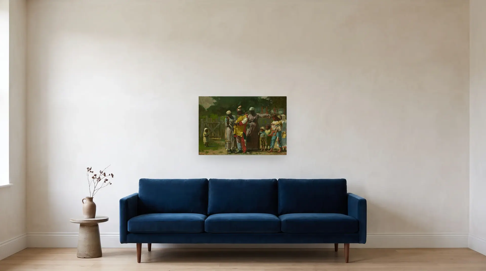 Dressing for the Carnival by Winslow Homer shown at its true size, 30" × 20", over an 84" sofa