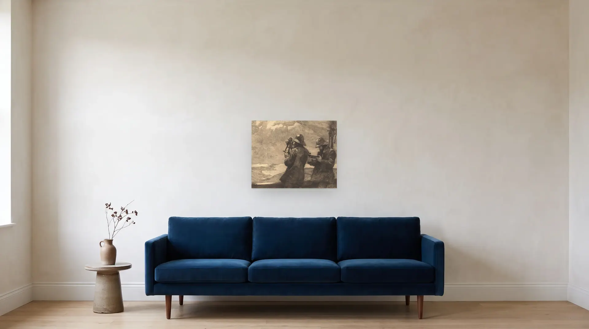 Eight Bells by Winslow Homer shown at its true size, 24" × 19", over an 84" sofa