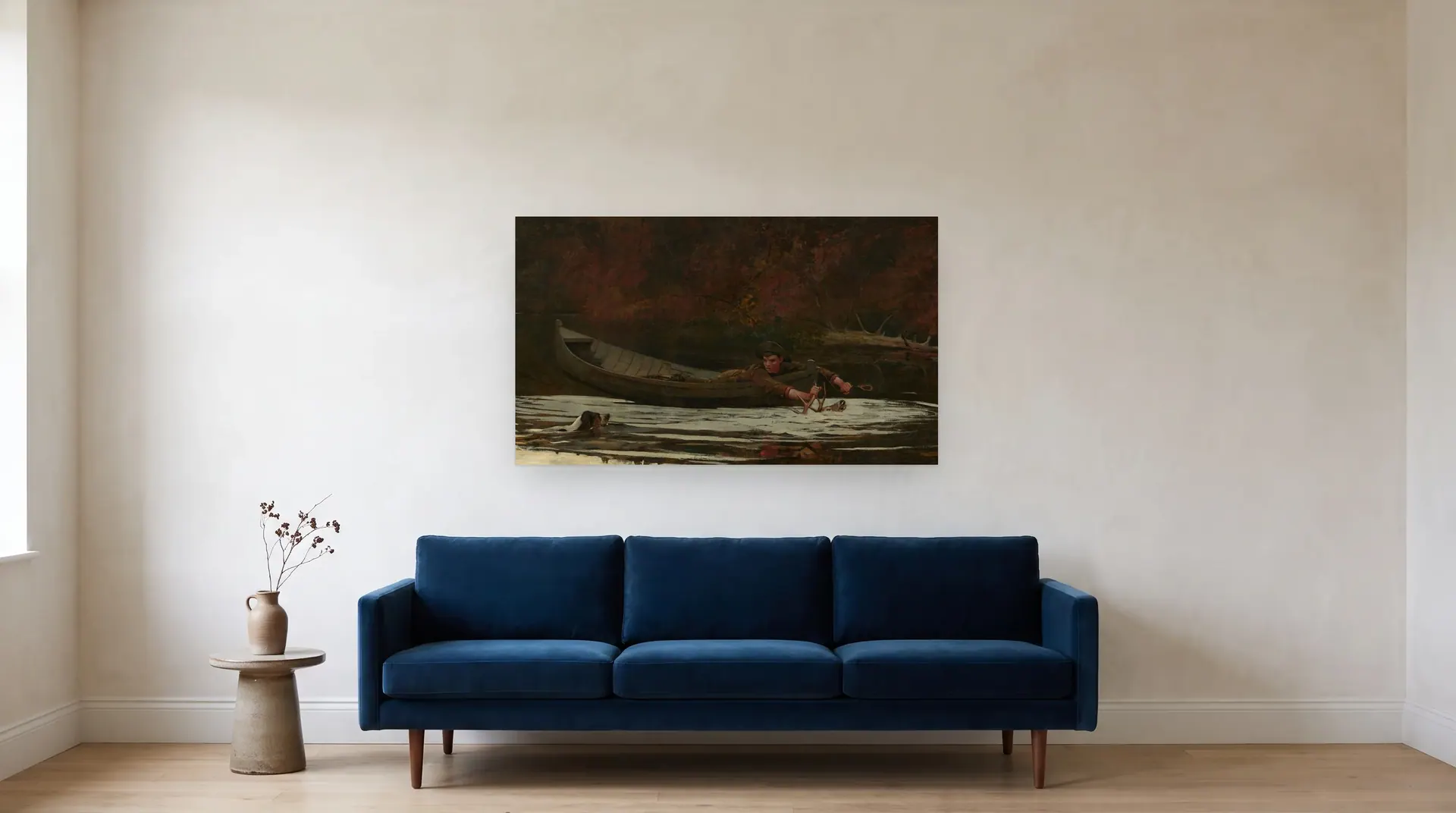 Hound and Hunter by Winslow Homer shown at its true size, 48" × 28½", over an 84" sofa