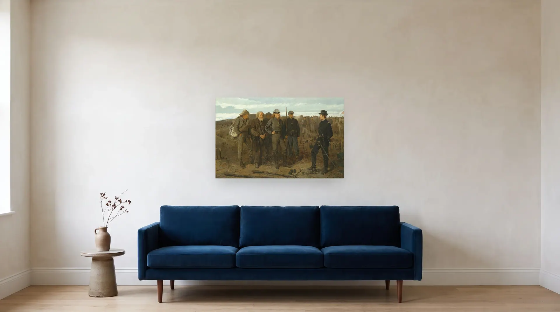 Prisoners from the Front by Winslow Homer shown at its true size, 38" × 24", over an 84" sofa