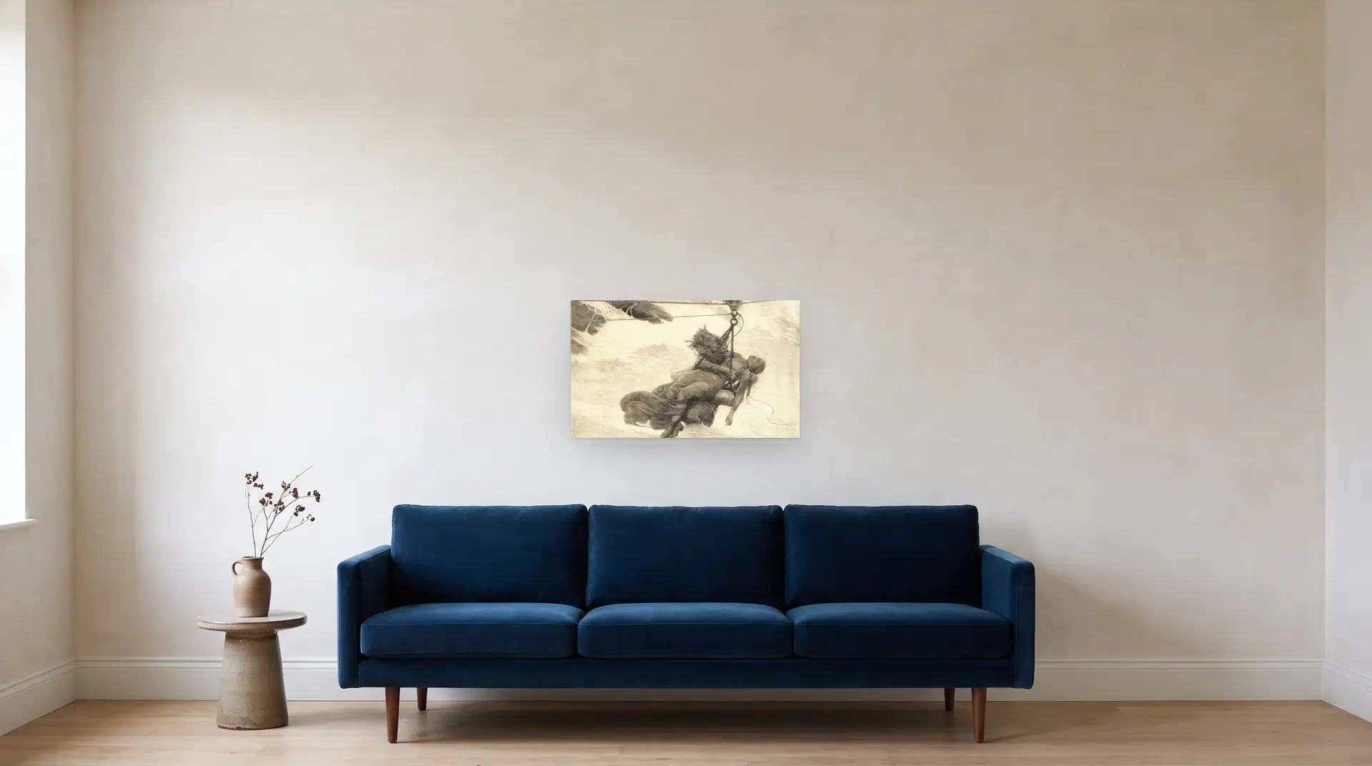 Saved by Winslow Homer shown at its true size, 27½" × 16½", over an 84" sofa