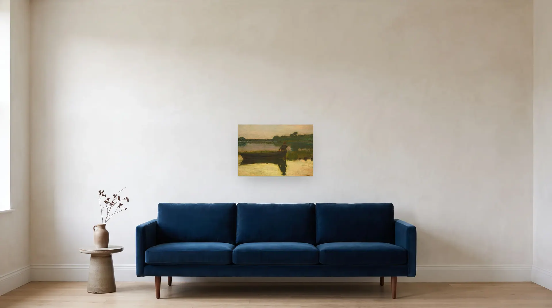 Sunset by Winslow Homer shown at its true size, 22½" × 15½", over an 84" sofa