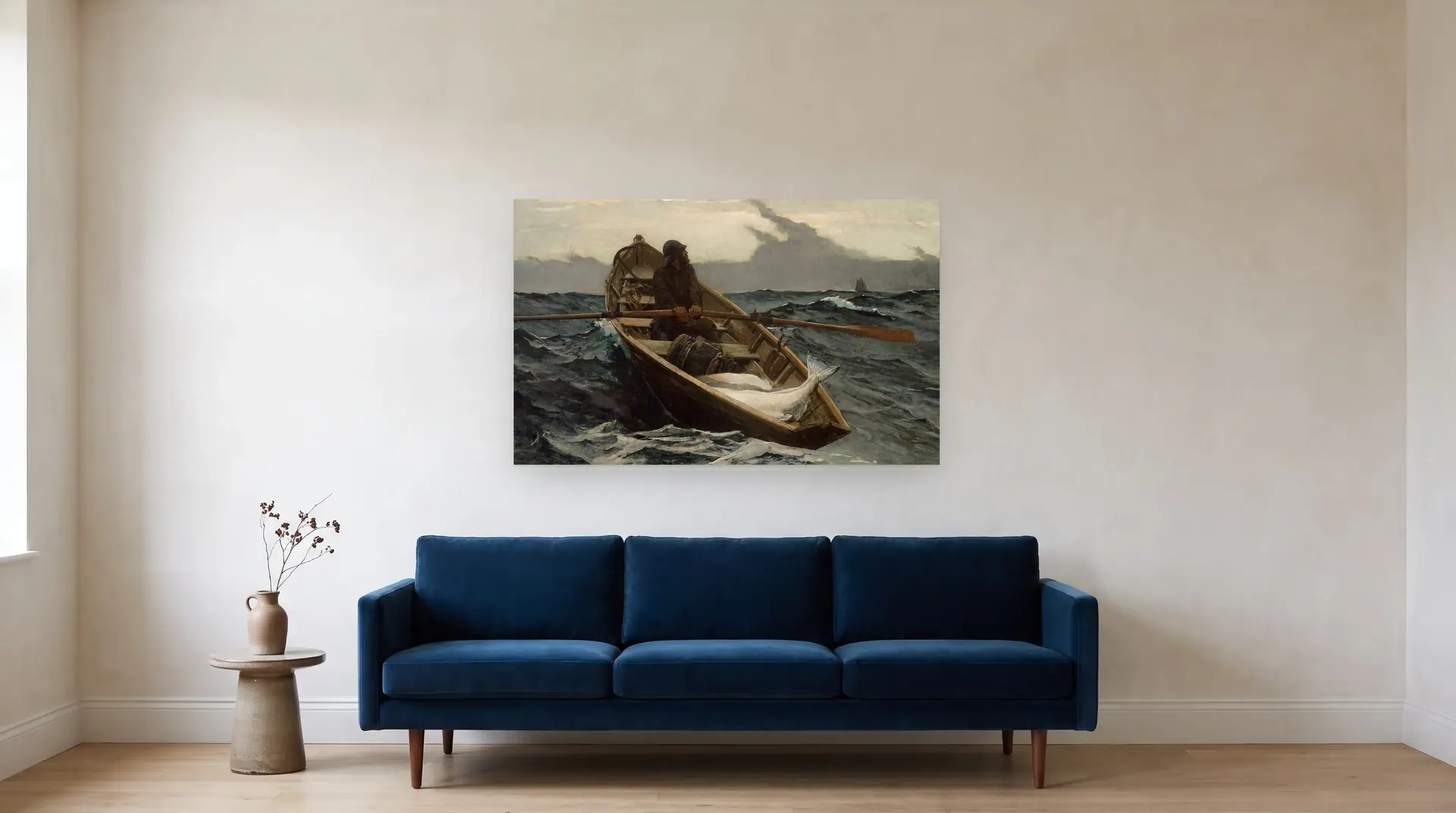 The Fog Warning by Winslow Homer shown at its true size, 48½" × 30", over an 84" sofa